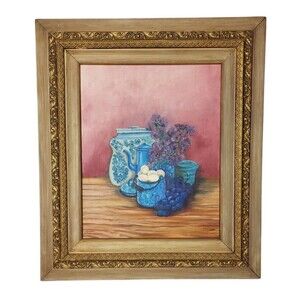 Vintage Still Life Original Oil Painting Wood Frame Grapes Flowers Eggs Signed